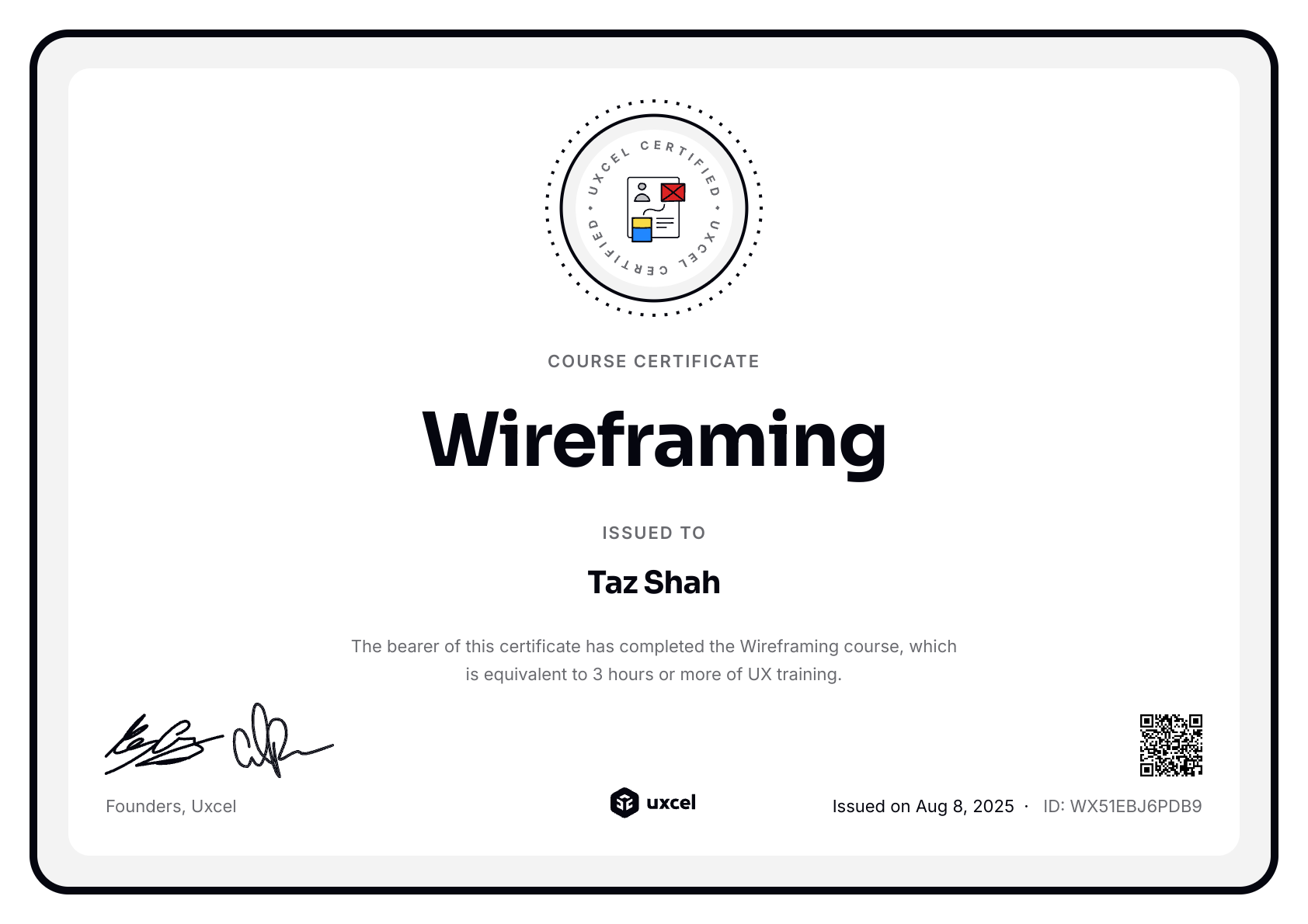 Taz Shah's certificate